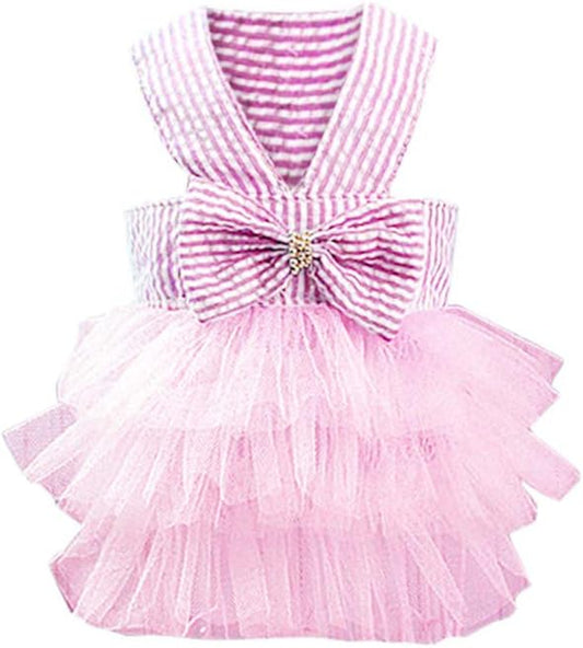 Girl Dog Stripe Print Dress Clothes Tutu Dresses Pet Cat Puppy Costumes Apparel (S, Pink)